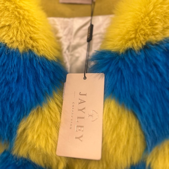 Womens Yellow and Blue Checkered Faux Fur Coat - Picture 3 of 5